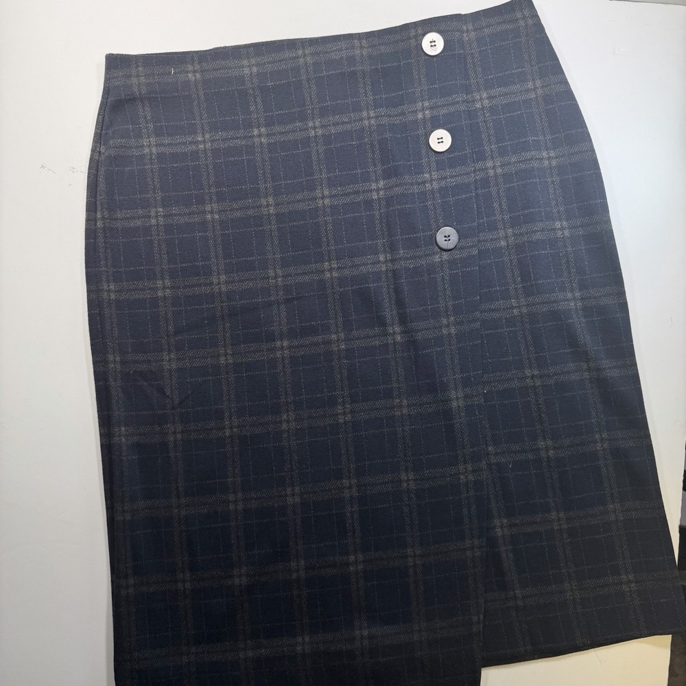 J. Jill Navy Grey Plaid Pull On Skirt M Faux Wrap Classic School Girl Work Wear